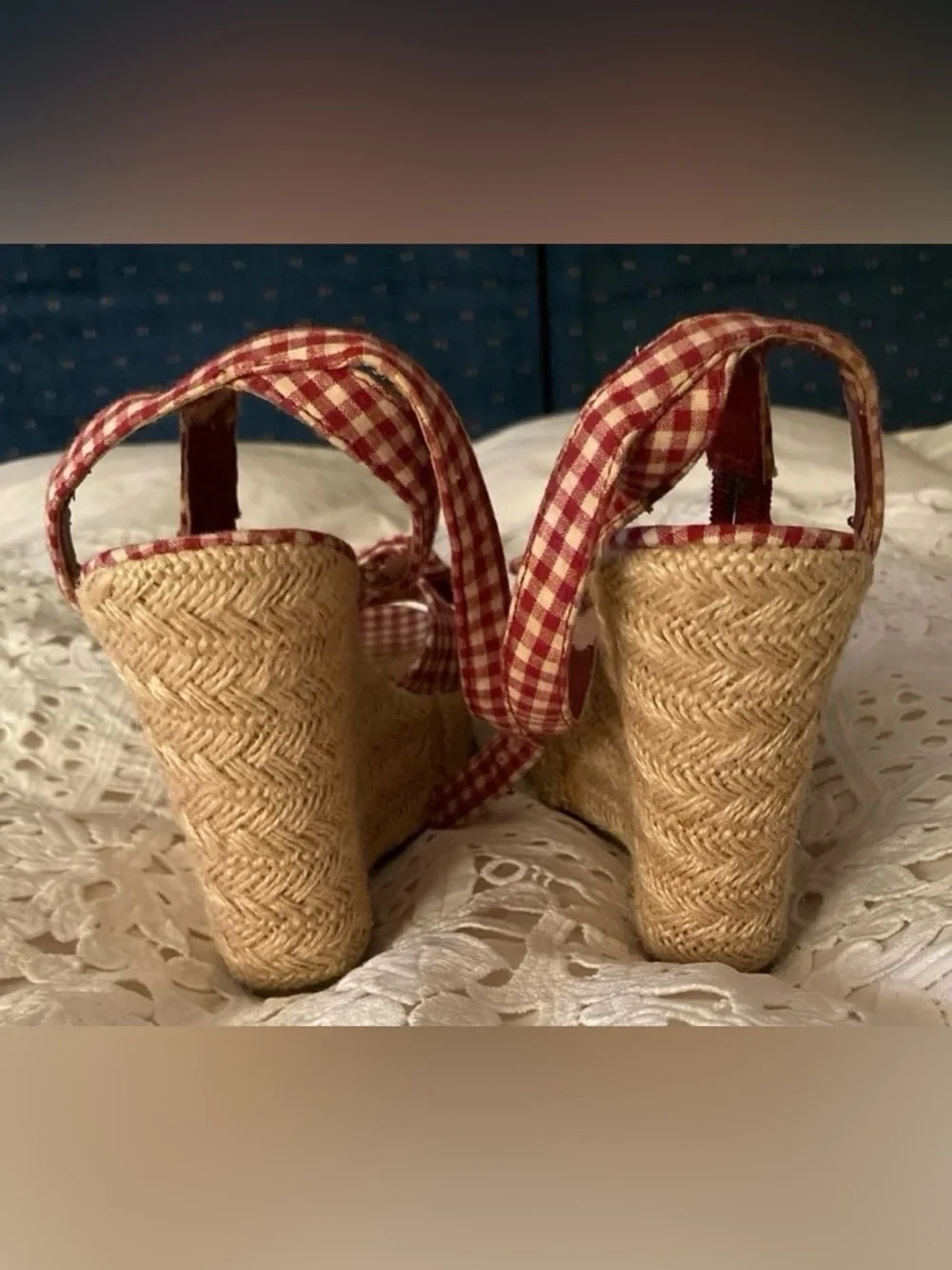 MIA Aleena red-and-white gingham espadrille wedge sandals. Size 7and1/2